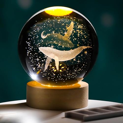 Bola decorativa de ballena de cristal grabada en 3D con base de madera de cristal, esfera de animales marinos, figura de ballenas, regalos para