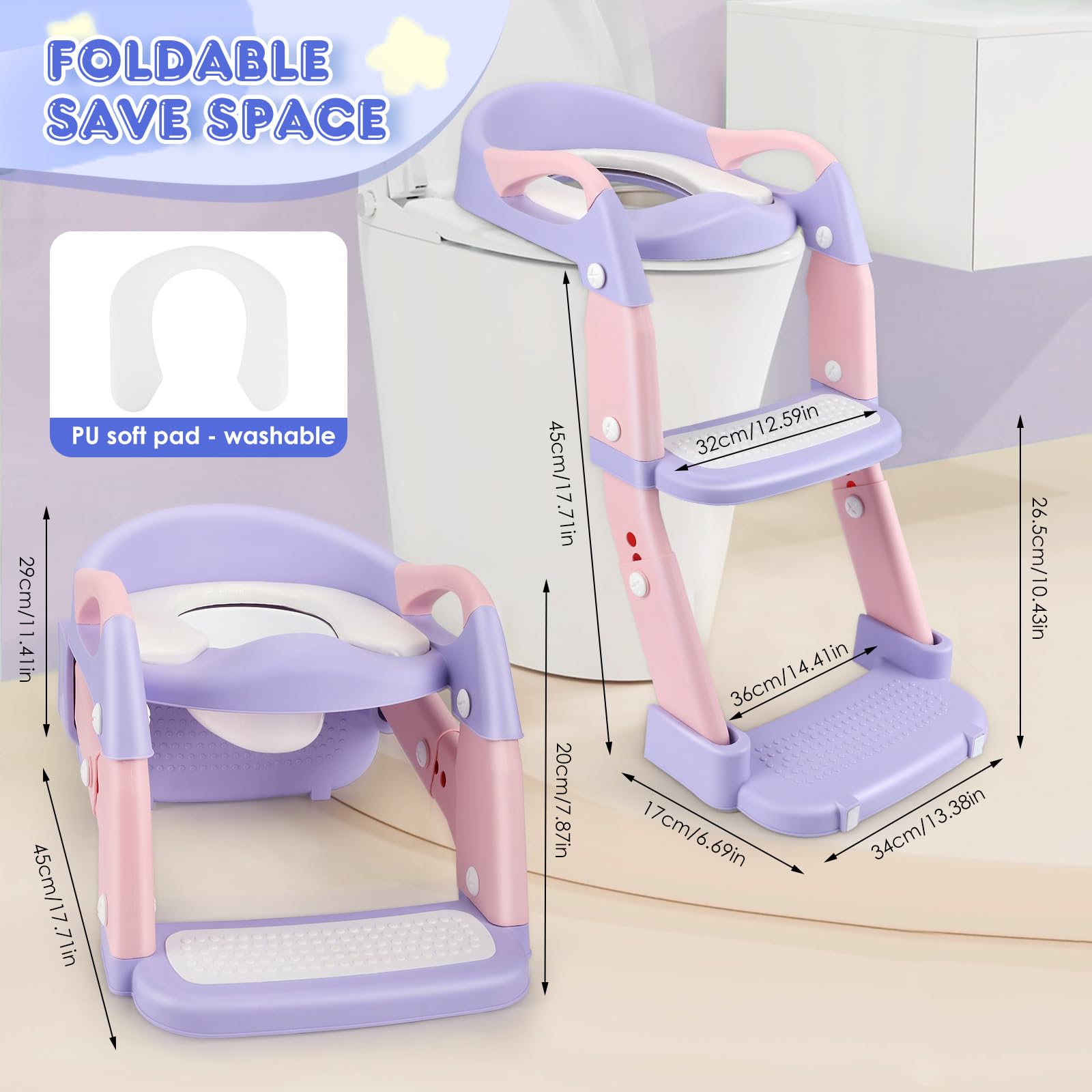 3 IN I Riduttore WC Bambino, Adattatore WC per bambini con passeggiata, Rialzo WC per bambini, Riduttore WC con cuscino, altezza regolabile pieghevole, antiscivolo, adattatore WC per bambini