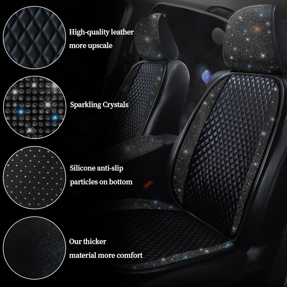 Luxury PU Leather Auto Seat Cover Protector Rhinestone Crystal Glitter Vehicles Front Seat Pad Mat Bling Bling Diamond Car Interior Accessories for Women, Lady - Universal Fit Black 2Seats