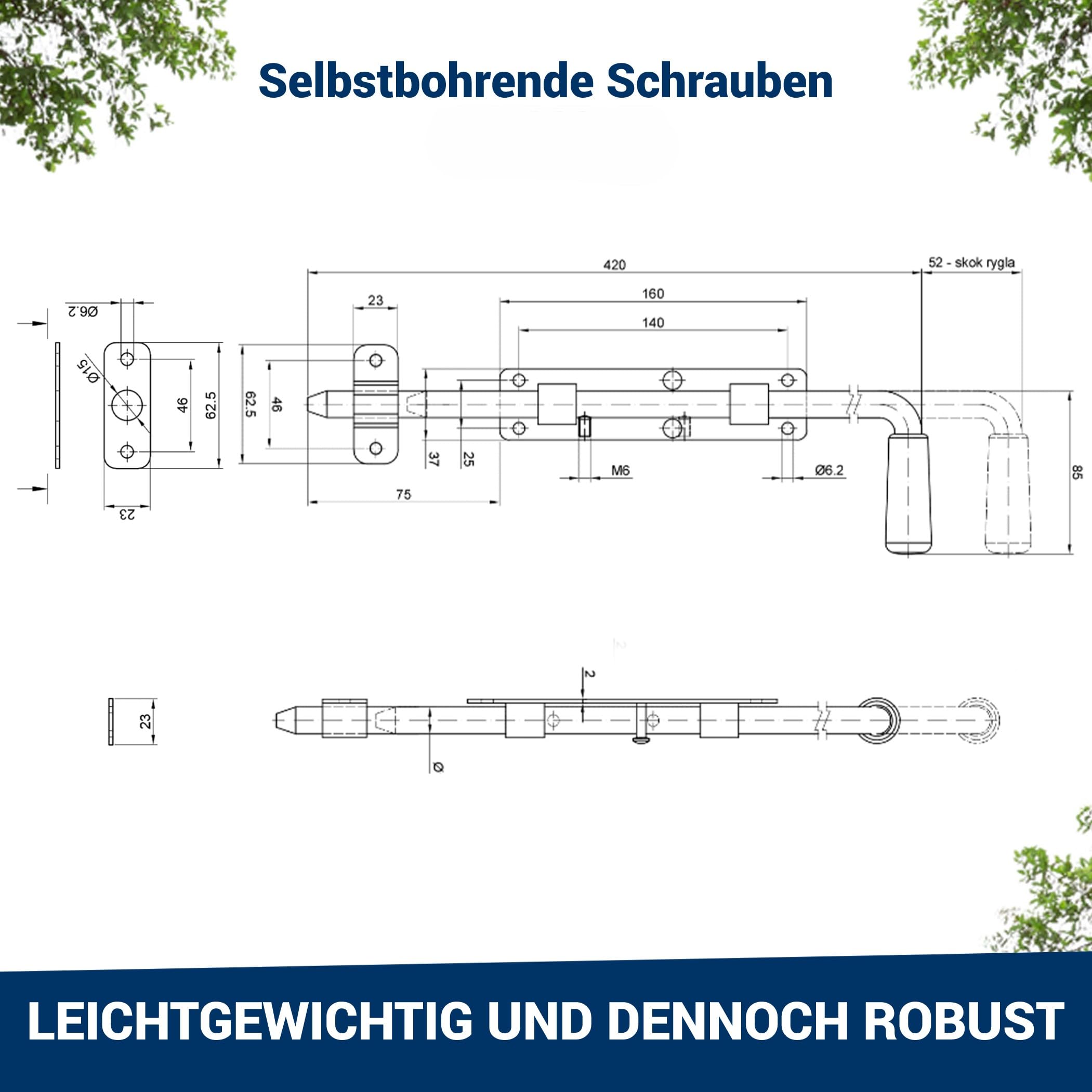 Bolzenriegel 420 mm, verzinkter Stahl – robuster Torriegel für Garten‑ & Hoftore, links - rechts montierbar, inkl. 6 × selbstbohrende Torx‑Schrauben