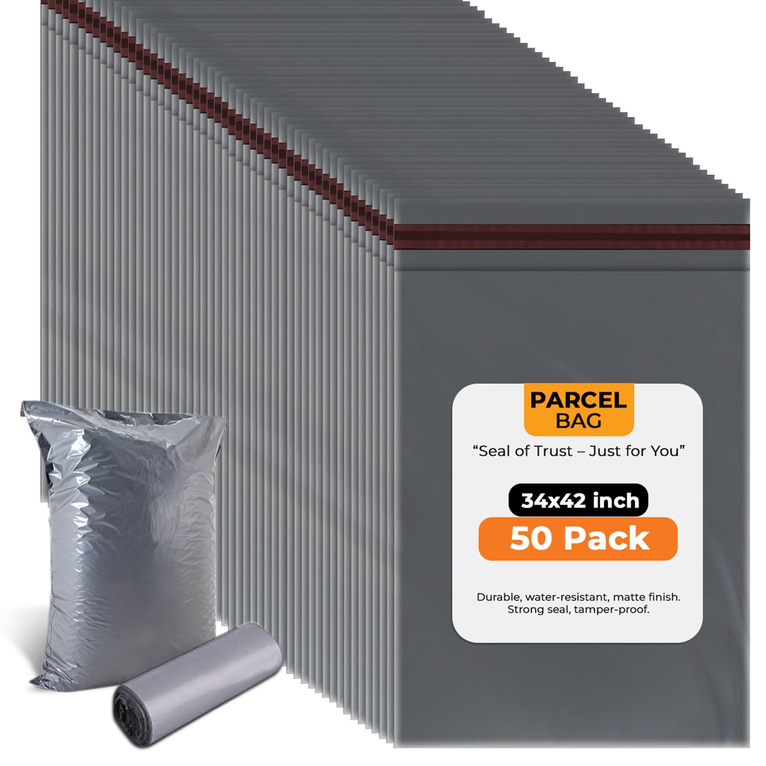 Stick Well 50-Pack Parcel Bags, 34" x 42" | Tamper-Proof & Waterproof | Self-Seal, Safe & Secure Plastic Packaging | Large Postage Bags for Clothes, Mailing, Shipping & Delivery