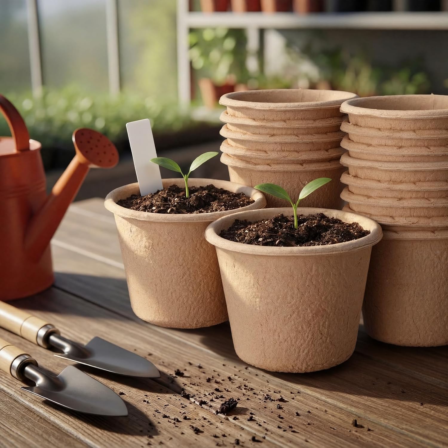 50 Piezas Grande Macetas Biodegradables, 11cm Semilleros de Germinacion, Redondas Macetas con Agujeros de Drenaje, con 1 Botella de Pulverización, para Plantasde de Semillero, Flores, Plantas