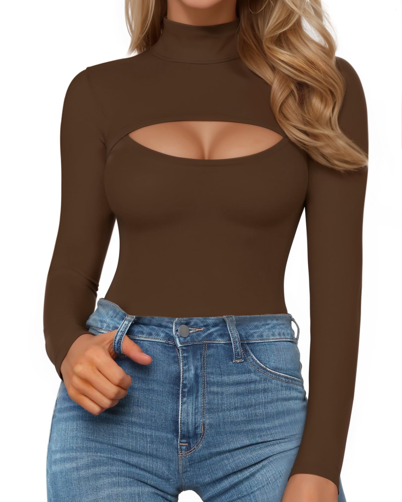 MANGOPOP Women's Mock Neck Cutout Front Bodysuit Long Sleeve Sleeveless Turtle Neck Body Suits Sexy Tops