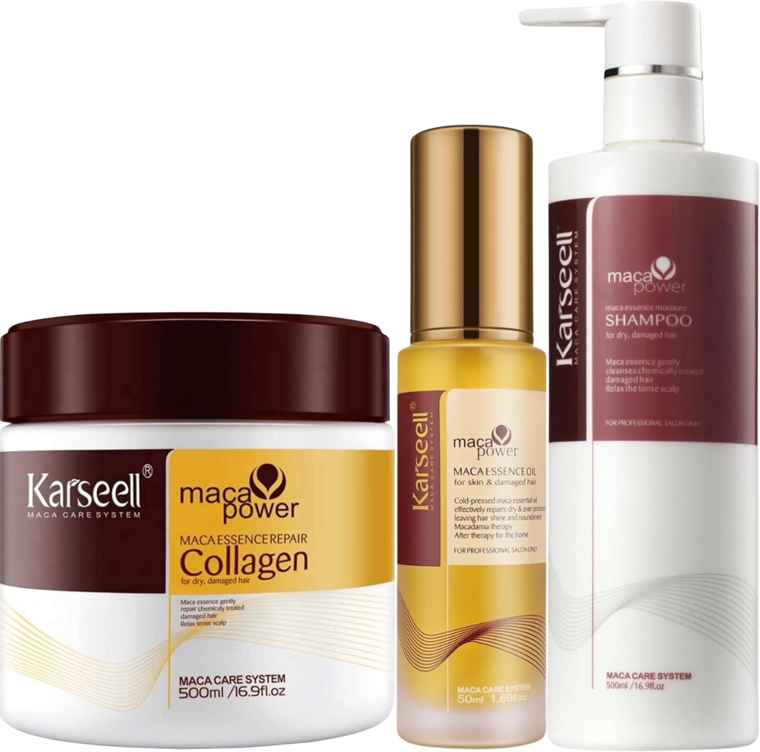Karseell MACA CARE SYSTEM Haarherstelpakket met Collageen en Arganolie 1 Haarmasker 500ml + 1 Haarolie 50ml + 1 Hydraterende Shampoo 500ml Hydratatie Haarvoeding Droog en Beschadigd Haar