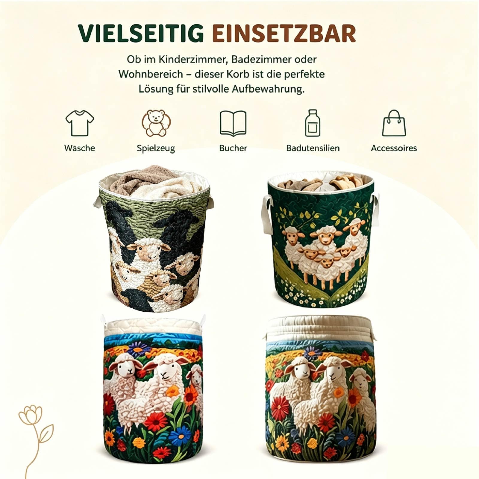 Wäschekorb Schäfchen für Kinderzimmer, Faltbarer Stoff Aufbewahrungskorb mit Griffen, Großer Wäschekorb Schafe für Spielzeug (C, 20"X28")