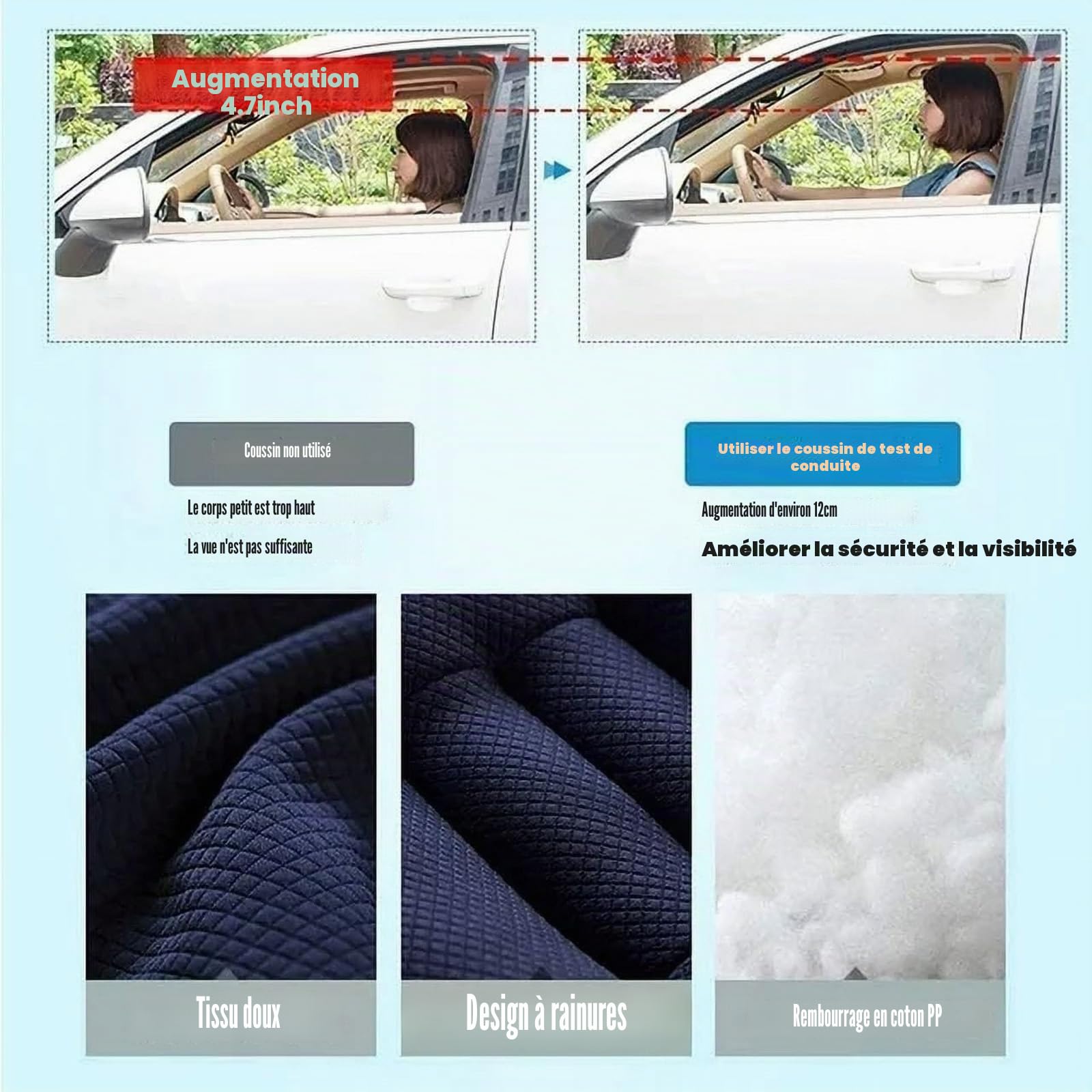 Coussin rehausseur de voiture portable 12 cm, design antidérapant pour conducteur, passagers et enfants, idéal pour augmenter la hauteur dans le siège de conduite