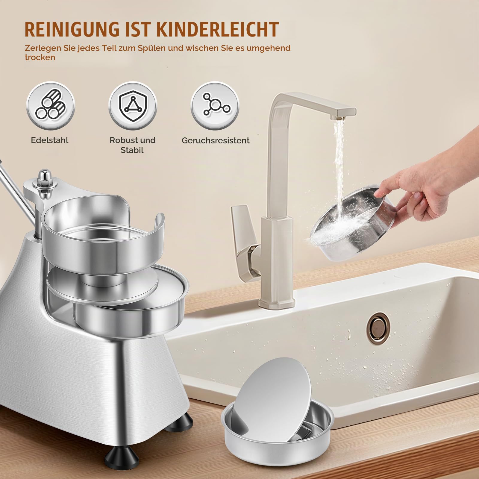 Moongiantgo Kommerzielle Burgerpresse, 3-in-1 Burger-Patty-Maker aus Edelstahl, Burger-Formmaschine mit 3 Abnehmbaren Größen (4/5/6 Zoll)&1500 Patty-Papieren für Küche/Außenstände/Hotels (10/13/15CM) | Burger-Formmaschine mit 3 Abnehmbaren Größen (4/5/6 Z