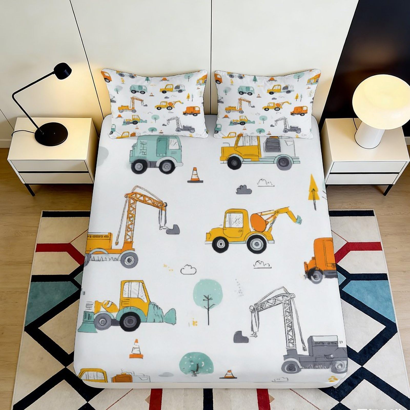 3D Printed Construction Vehicle Fitted Sheet Microfiber Soft Breathable Excavator Bed Cover for Bedroom Dorm Decor 90x200x25cm