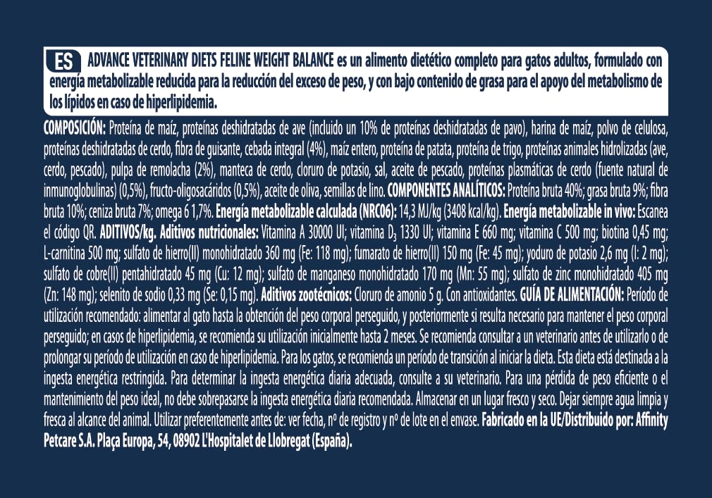 Advance Veterinary Diets Weight Balance, Pienso para Gatos con Problemas de sobrepeso, 8kg