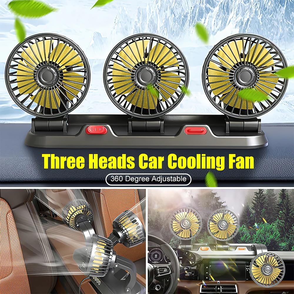 Ventilateur de Voiture 12V, Ventilateur Auto, Ventilateur Voiture, Ventilateur électrique Automobile à Trois Têtes, 2 Vitesses Rotatif à 360 °ventilateur de Véhicule, Avec Prise Allume-Cigare