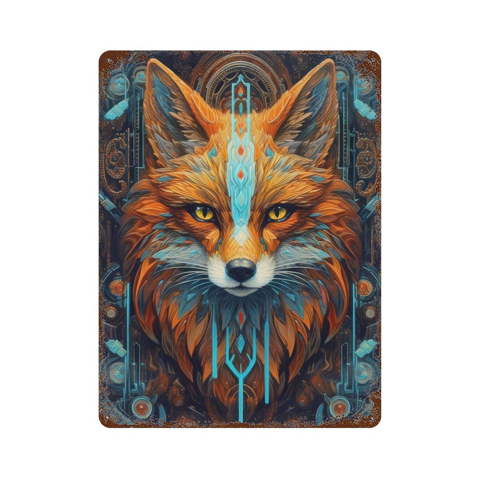 Rust Effect Neon Tribe Fox Rustic Tin Plaque 15.7"x11.8", Classic Wall Plaque for Shed, Workshop And Garage Wall Decor