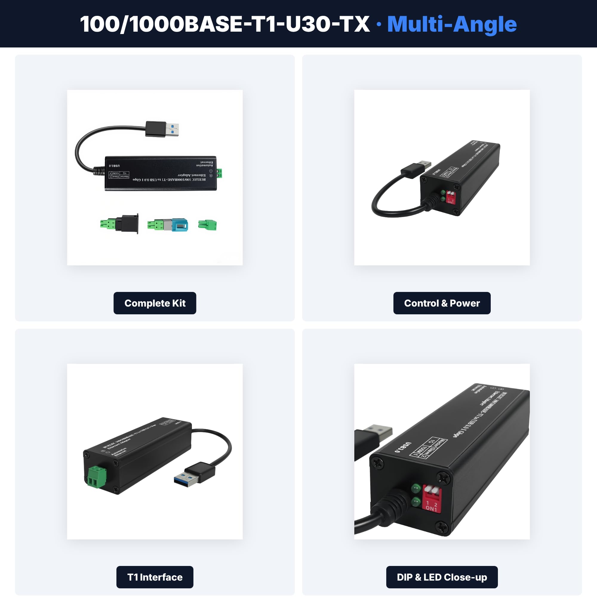 Adaptateur Ethernet USB 3.0 vers une seule paire automobile, 100/1000BASE-T1, alimenté par bus, avec adaptateurs MATEnet et HMTD, Plug and Play
