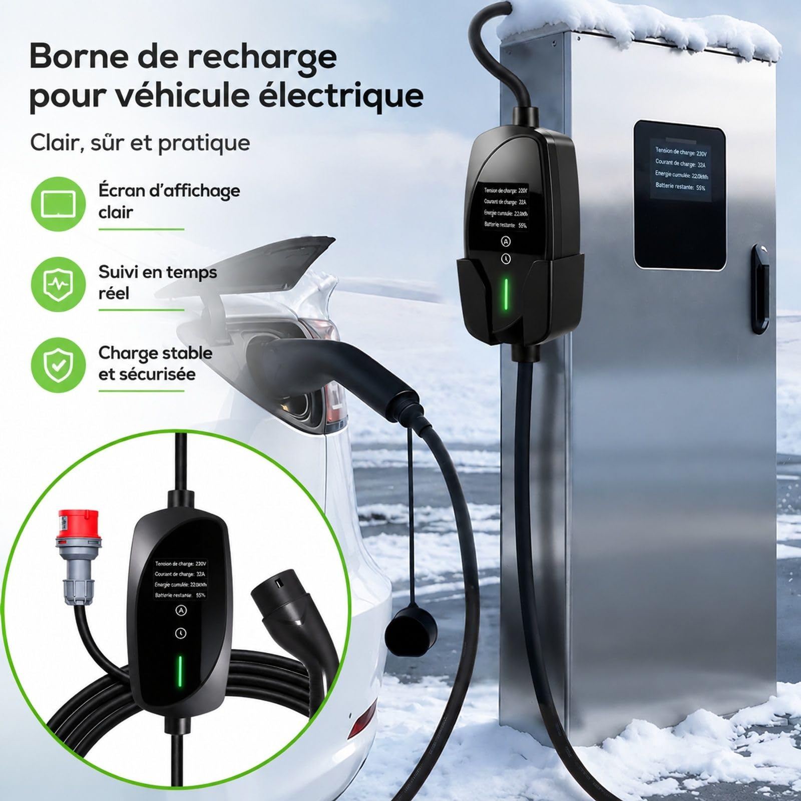 Borne Mobile pour véhicule électrique 22 KW 32 A Type 2 triphasée avec câble 7 m, Prise CEE 32 A et écran LCD
