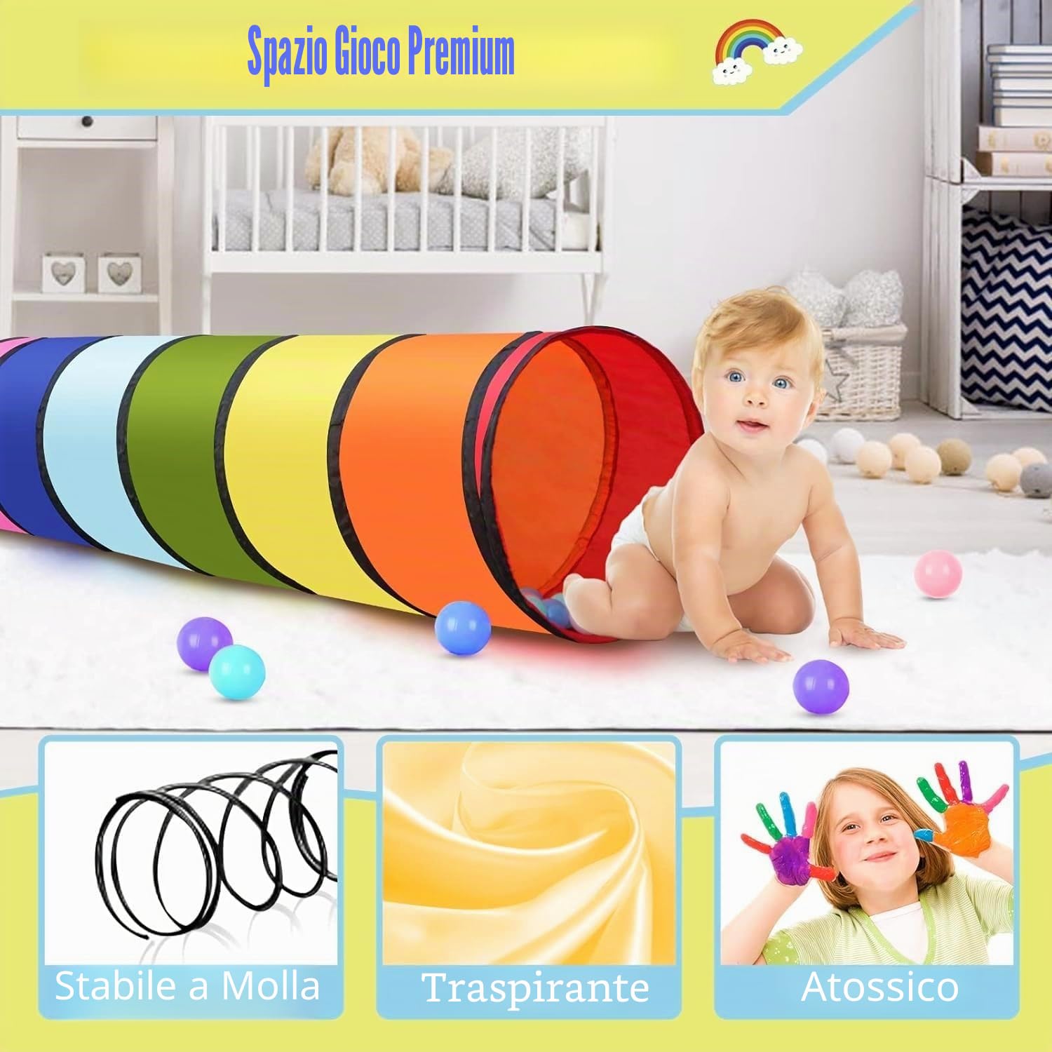 LATERN 180CM Tenda a Tunnel per Bambini, 46CM Tunnel per Bambini con Apertura Rotonda Tunnel di Scansione Pop-Up Colorato per Ragazzo Ragazza Animali Giocare Interno All'aperto Giardino Casa Gioco