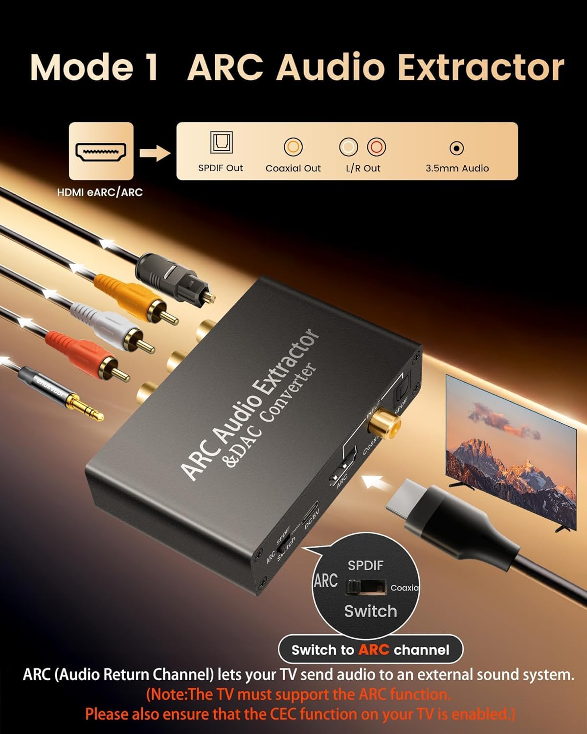 Convertitore Audio Digitale Analogico Multifunzione 192 KHz, HDMI ARC/Toslink (Ottico)/Coassiale a Ottico/Stereo RCA (L/R)/Jack 3,5 mm/Coassiale Support PCM per PS4 HDTV DVD