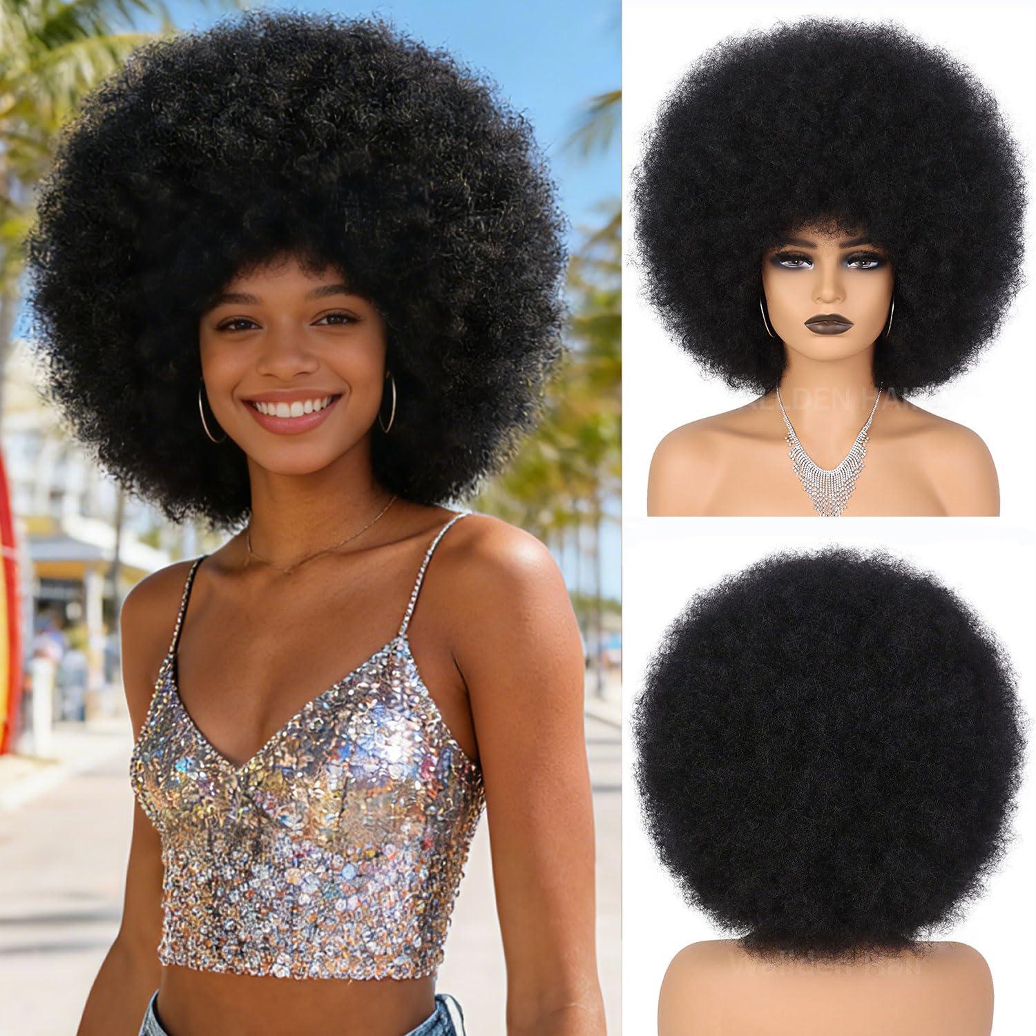 Wallden Hair 70s Afro Wigs for Black Women Glueless Wear and Go Wig Curly Afro Puff Heat Resistant Synthetic Wigs for Daily and Party Halloween