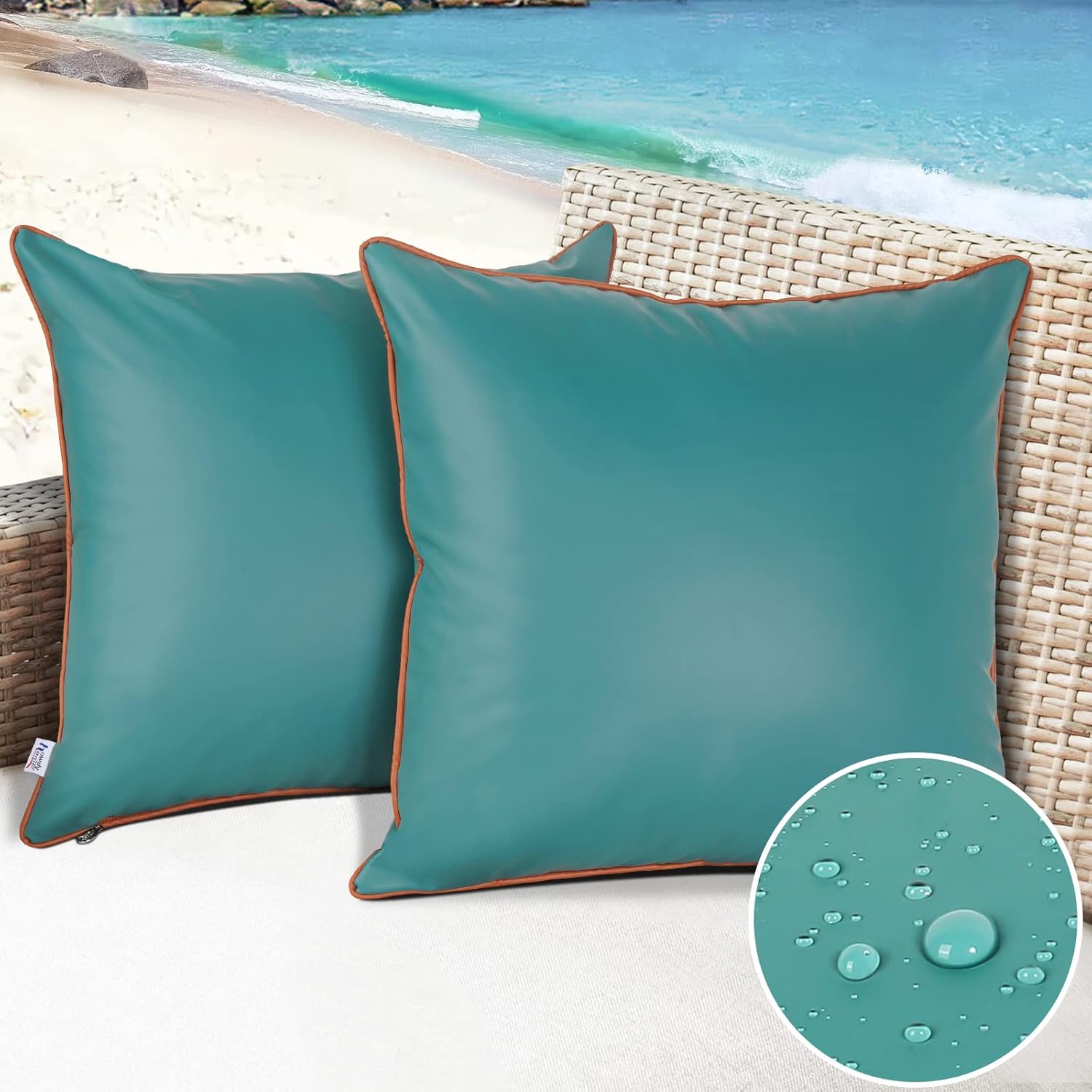 Pack of 2 Outdoor Waterproof Pillow Covers 18x18 Inch Fadeproof Square Pillowcase Silicone Leather Garden Cushion Sham Durable Decorative for Patio Tent Sunbrella Bench Sofa, Dark Green
