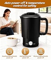 Vista 5 de Portable Travel Electric Kettle, 600ML Small Water Kettle with Ceramic Cup, 304 Stainless Steel Water Boiler with Dual Power Control, Compact Design