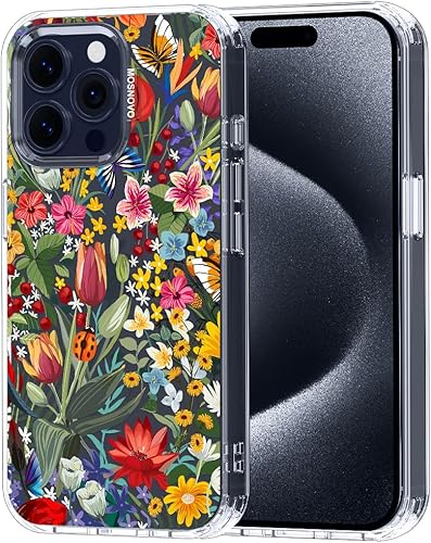 MOSNOVO Buffertech - Funda compatible con iPhone 15 Pro Max, impacto de caída de 6.6 pies, tecnología antidesprendimiento, funda transparente de TPU