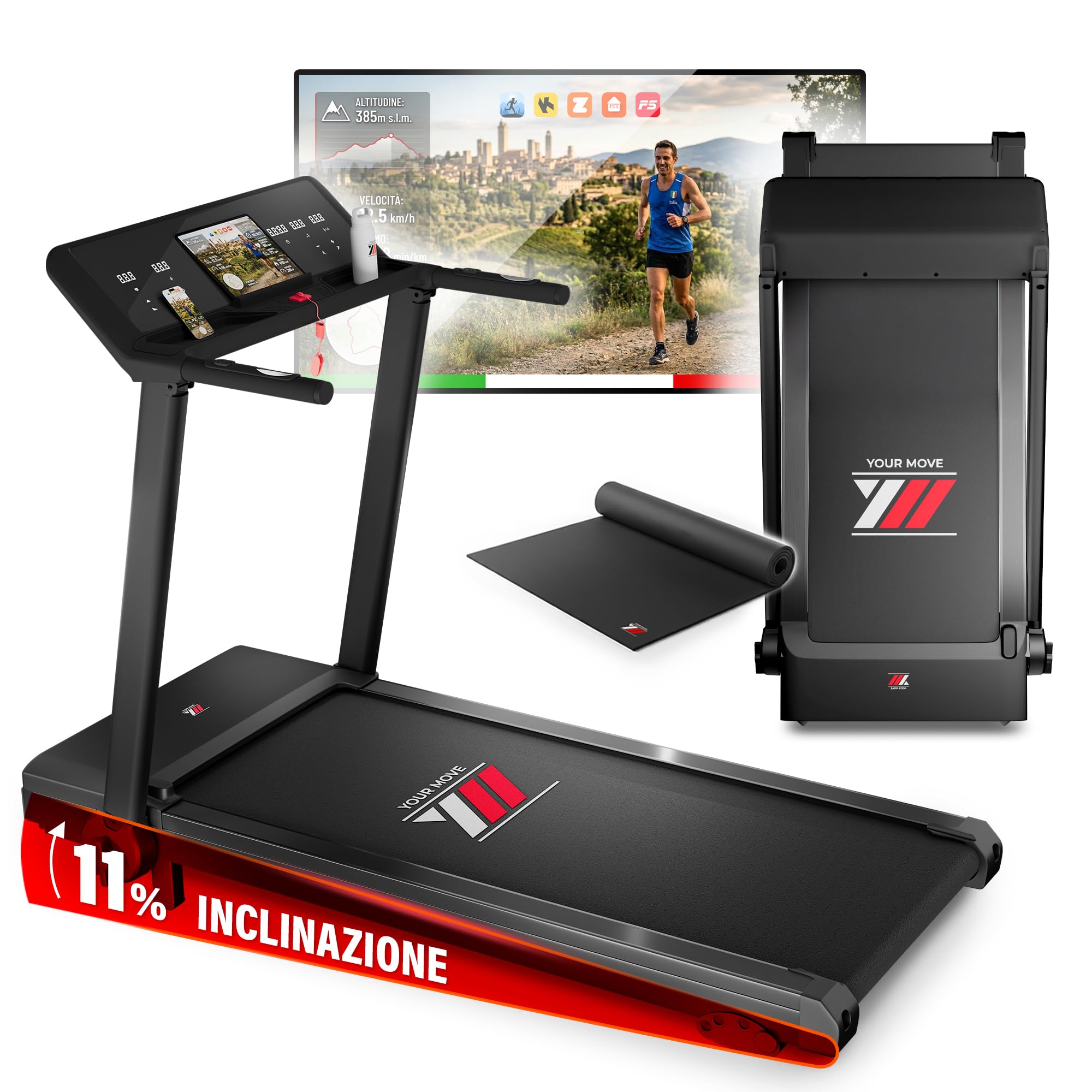 YM Tapis Roulant Salvaspazio 16 km/h, Marchio Italiano, Inclinazione, APP Compatibili, Pieghevole, Ampia Superfice, 2 Sistemi Controllo (TASTI + GESTUALE) Brevettato, NEXT 4000 Your Move