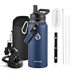 RAYMYLO Insulated Water Bottle 32 oz, Triple Wall Vacuum Stainless Steel (Cold for 48 Hrs), Leak Proof & Non-BPA, Modern Water Flask Jug with Paracord Handle & Straw Spout Lids, Navy Blue