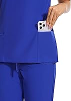 Vista 5 de COZYFIT - Conjunto de ropa quirúrgica para mujer, blusa elástica con cuello en V y pantalón deportivo con 8 bolsillos