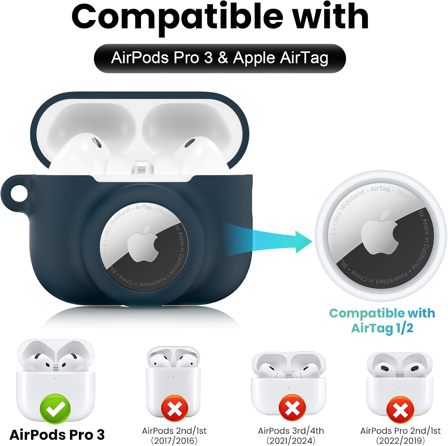 2 in 1 Silicone Case Compatible with AirPods Pro 3 and AirTag, Shockproof Protective Case Cover for AirPods Pro 3rd Generation 2025 with Cleaner Kit & Carabiner (Dark Blue) Dark Blue AirPods Pro 3