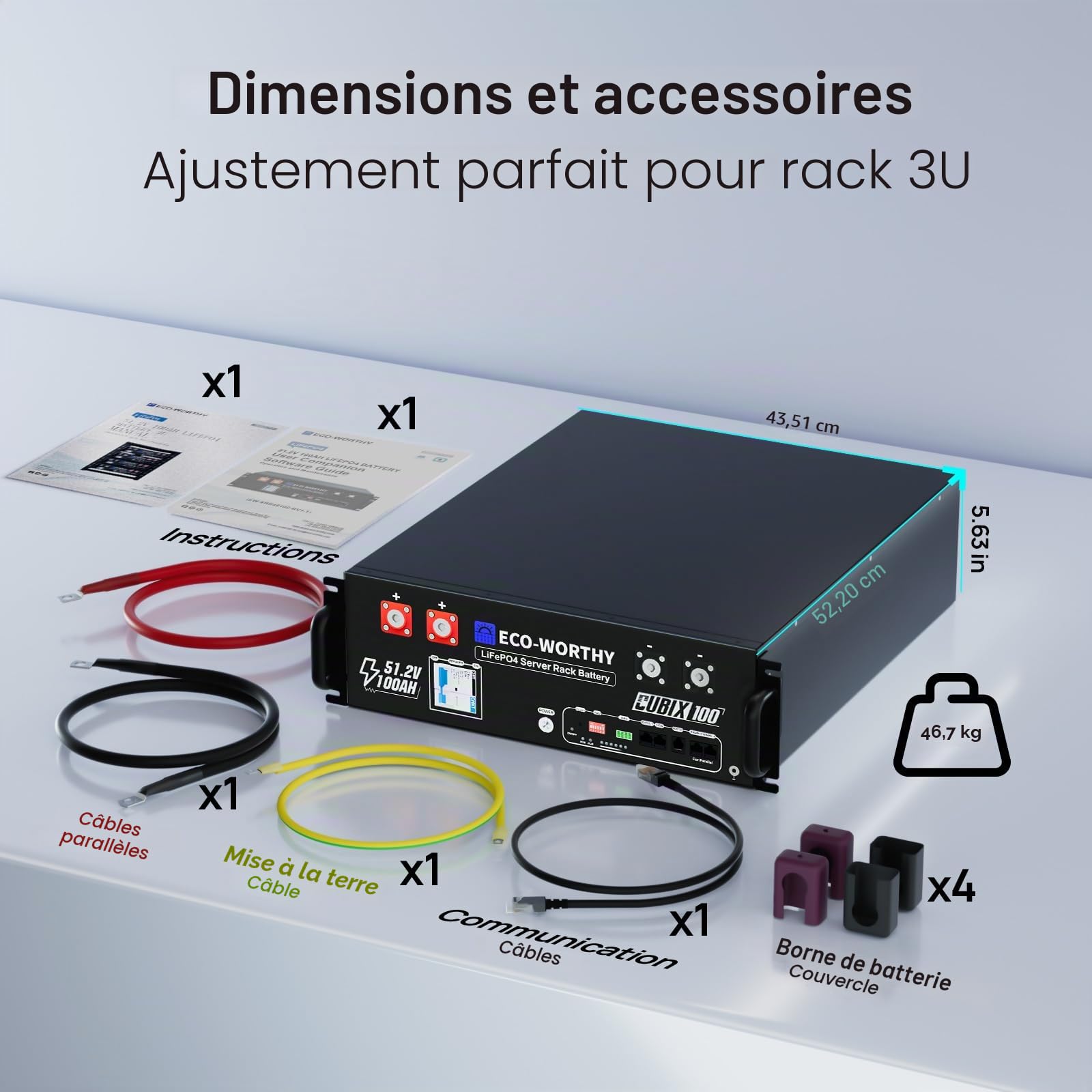 ECO-Worthy Cubix100 Batterie Lithium 48V 100 Ah*2 LiFePO4 Bluetooth avec BMS 100 A, 10,24 kWh 3U, avec Prise en Charge Can&RS485, pour système Solaire, système photovoltaïque