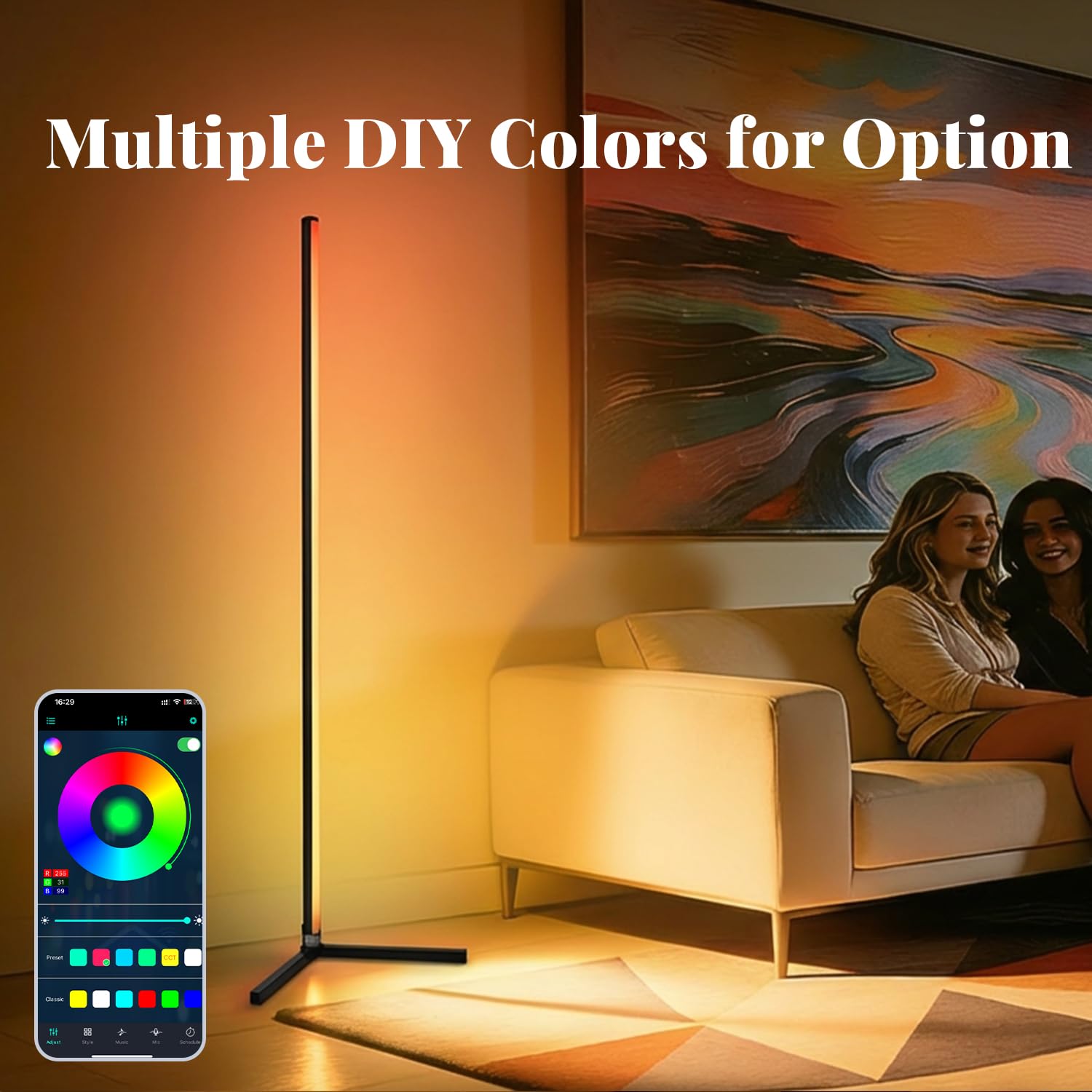 RGB Ecklampe Stehlampe, Stehlampe Wohnzimmer mit APP-Steuerung und Fernbedienung, 16 Millionen Farben und 68+ Szenen. Farbwechsel-Umgebungslicht mit Musiksynchronisation