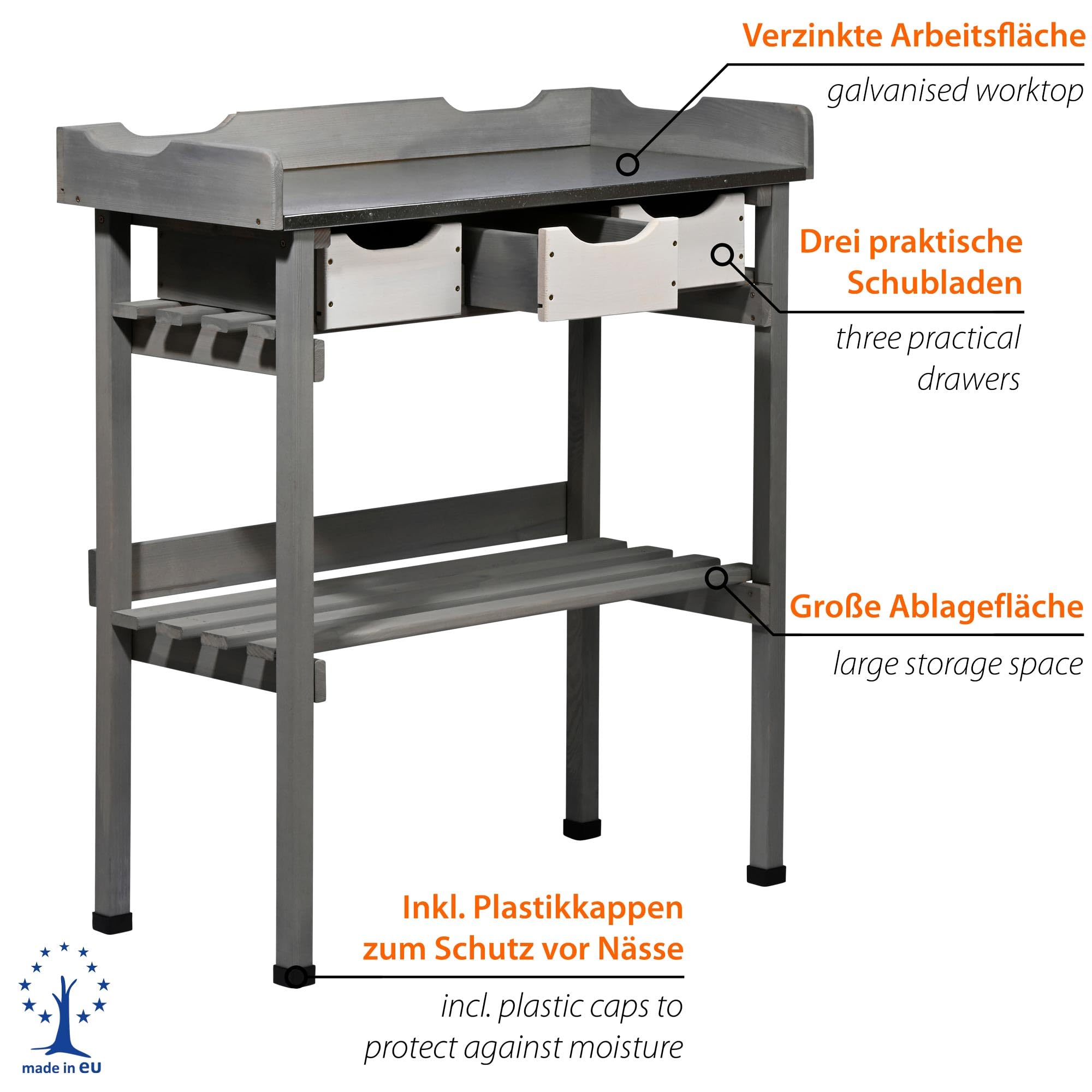 dobar® Tavolo per piante con 3 cassetti e ripiano, in legno massello con tappi di protezione, tavolo da giardino per esterni, con piano di lavoro zincato, 78 x 38 x 88 cm, colore: grigio/bianco