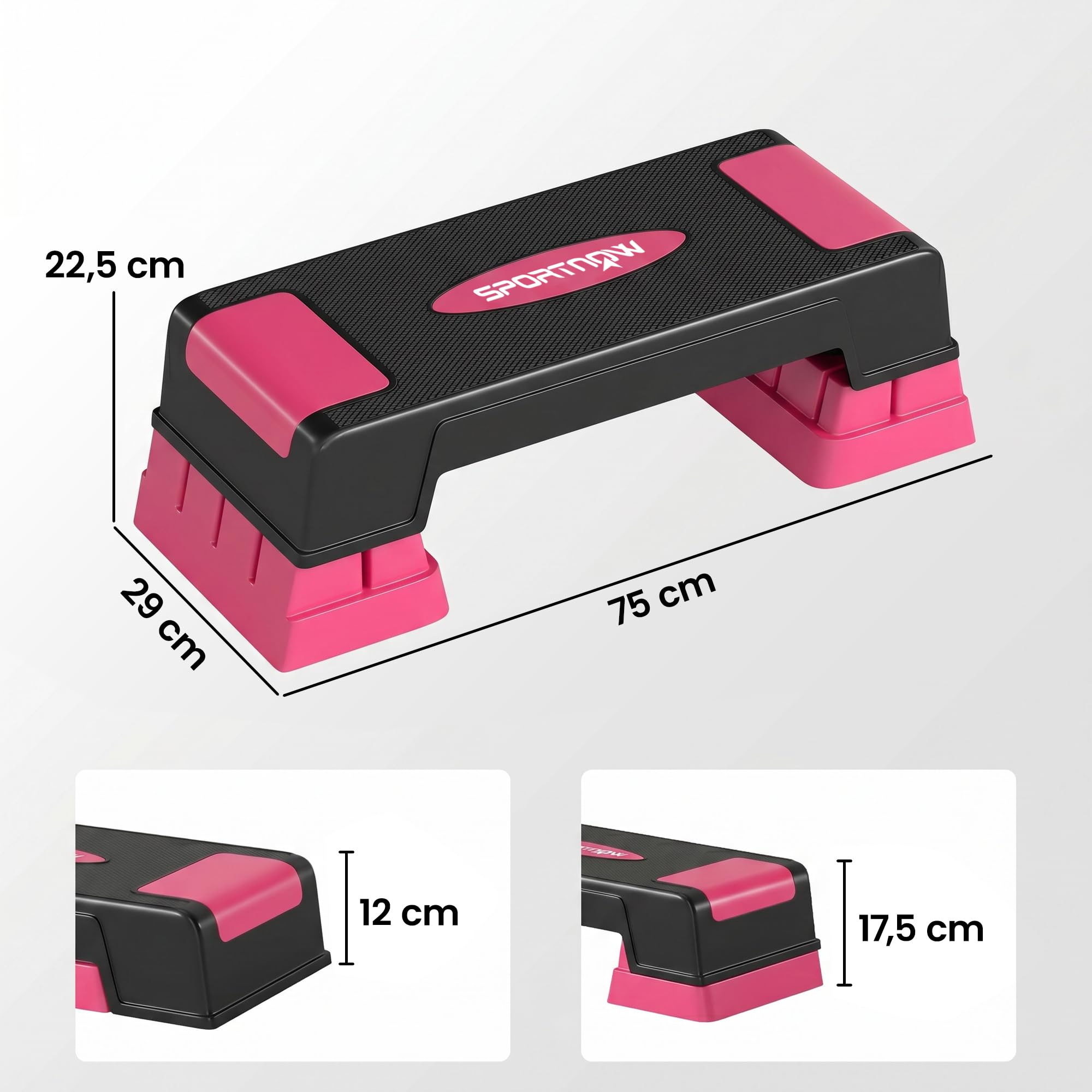 SPORTNOW Steppbrett höhenverstellbar Fitness Aerobic Stepper mit 3 Stufen (12/17,5/22,5 cm), Anti-Rutsch-Matte, Rutschfest Step Bench für Zuhause Fitnessstudio Büro Schwarz+Rosa