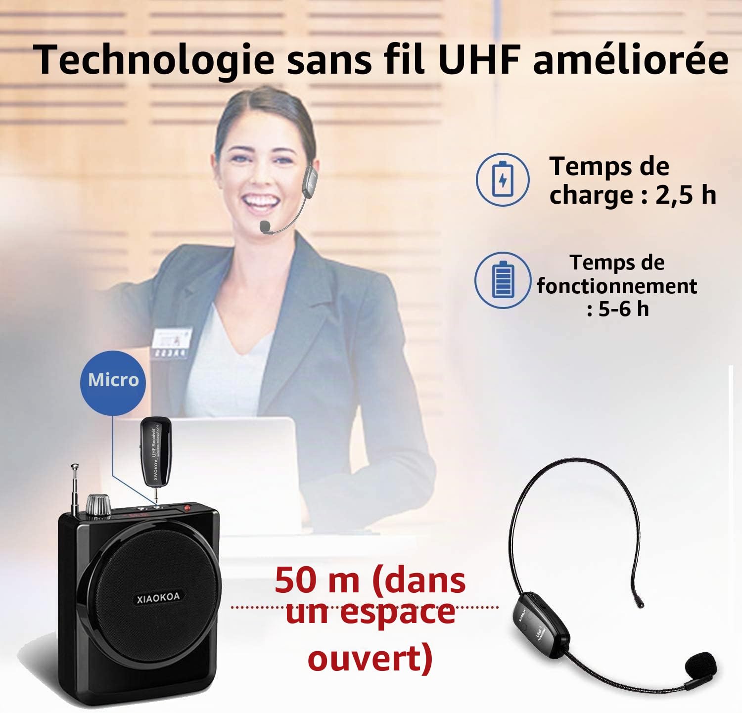 Microphone sans Fil UHF sans Fil 50m pour Guide Touristique Enseignement