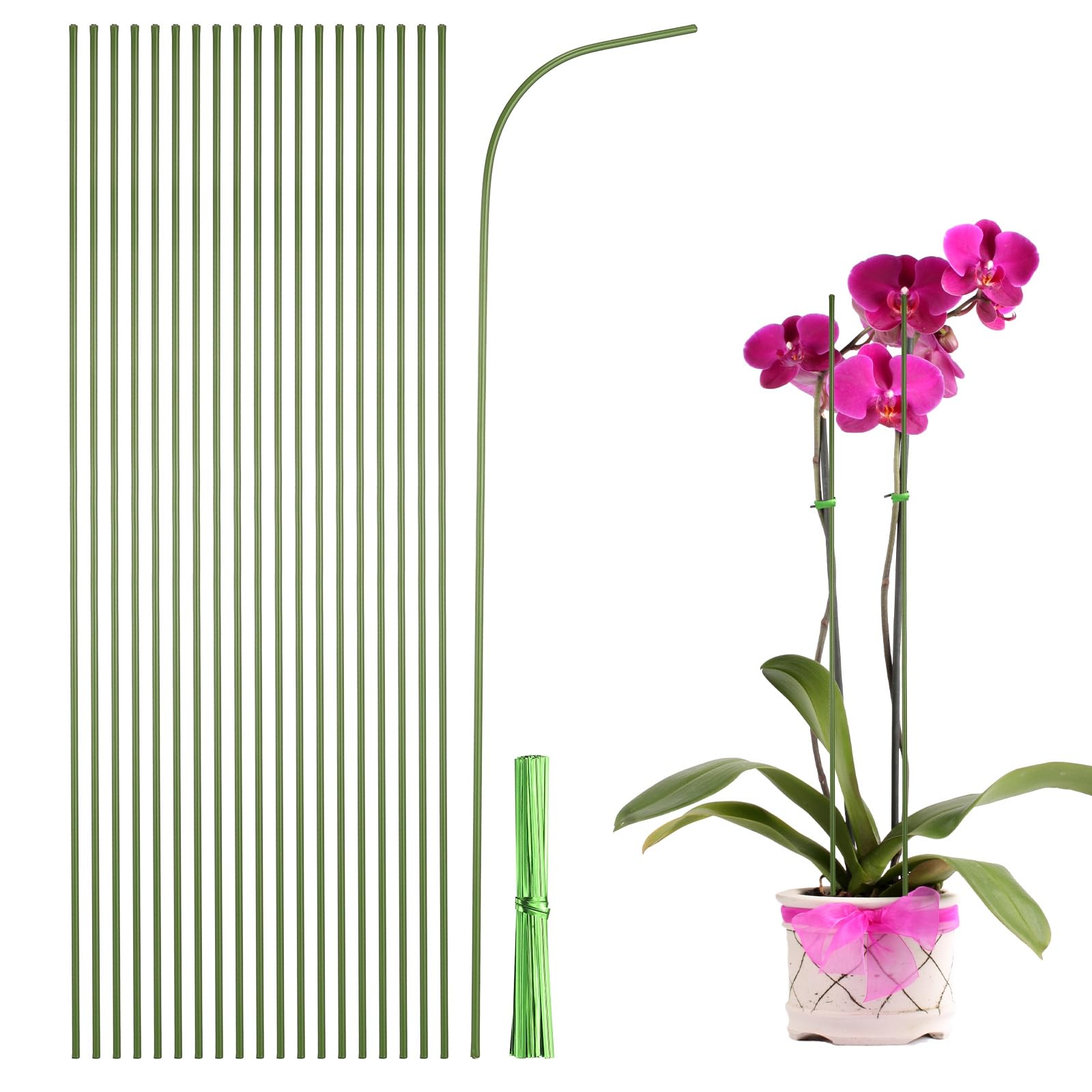 sourcing map 20pcs Green Plant Support Stakes, 15.7" Bendable Garden Plant Sticks Plastic Single Stem Plants Support Stakes with Ties for Potted Plants Flowers Orchid Peony, Green