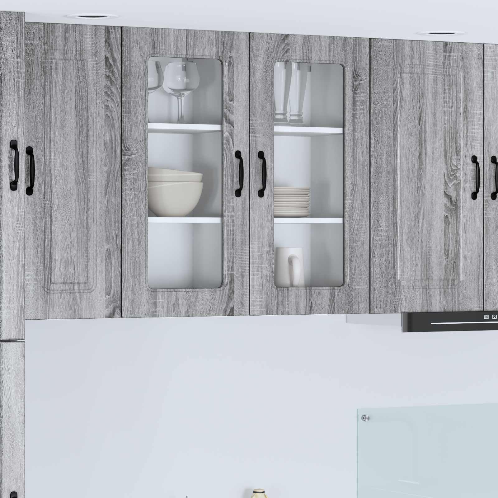 Kalmar - Set di 2 armadi da cucina da parete, moderni pensili per la cucina, in legno, stabile, in rovere Sonoma grigio, con vano portaoggetti, 40 x 31 x 80 cm