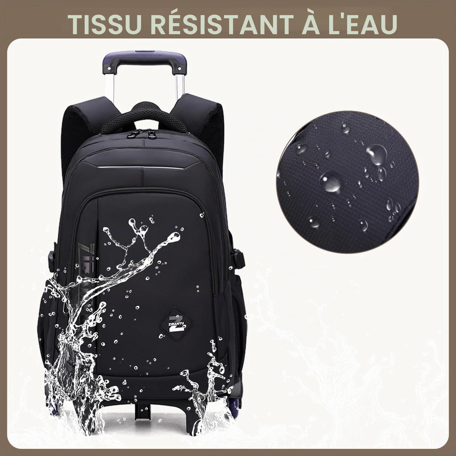 Amythe Cartable à Roulettes pour Garçons, Sac à Dos pour Hommes avec 6 roues, 30 Litres Sac Ecole Collège Léger et Imperméable avec Chariot, Adapté aux Loisirs et aux Voyages, Noir