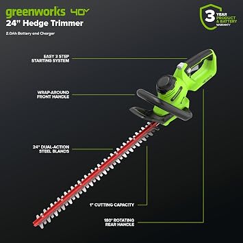Greenworks 40V 24 Cordless Hedge Trimmer (1 Cutting Capacity), 2.0Ah USB Battery and Charger Included