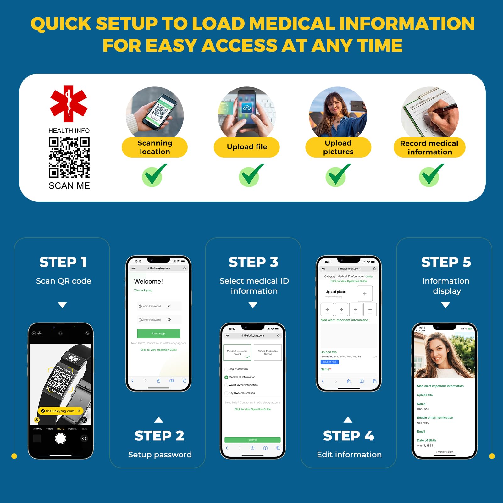 Medizinisches Armband mit QR-Code-Notfall-ID, aus Silikon, wasserdicht, passt bis 22,9 cm Handgelenk, Notfallinfo, mehr Platz, für Sport, Jungen/Mädchen/Damen/Herren
