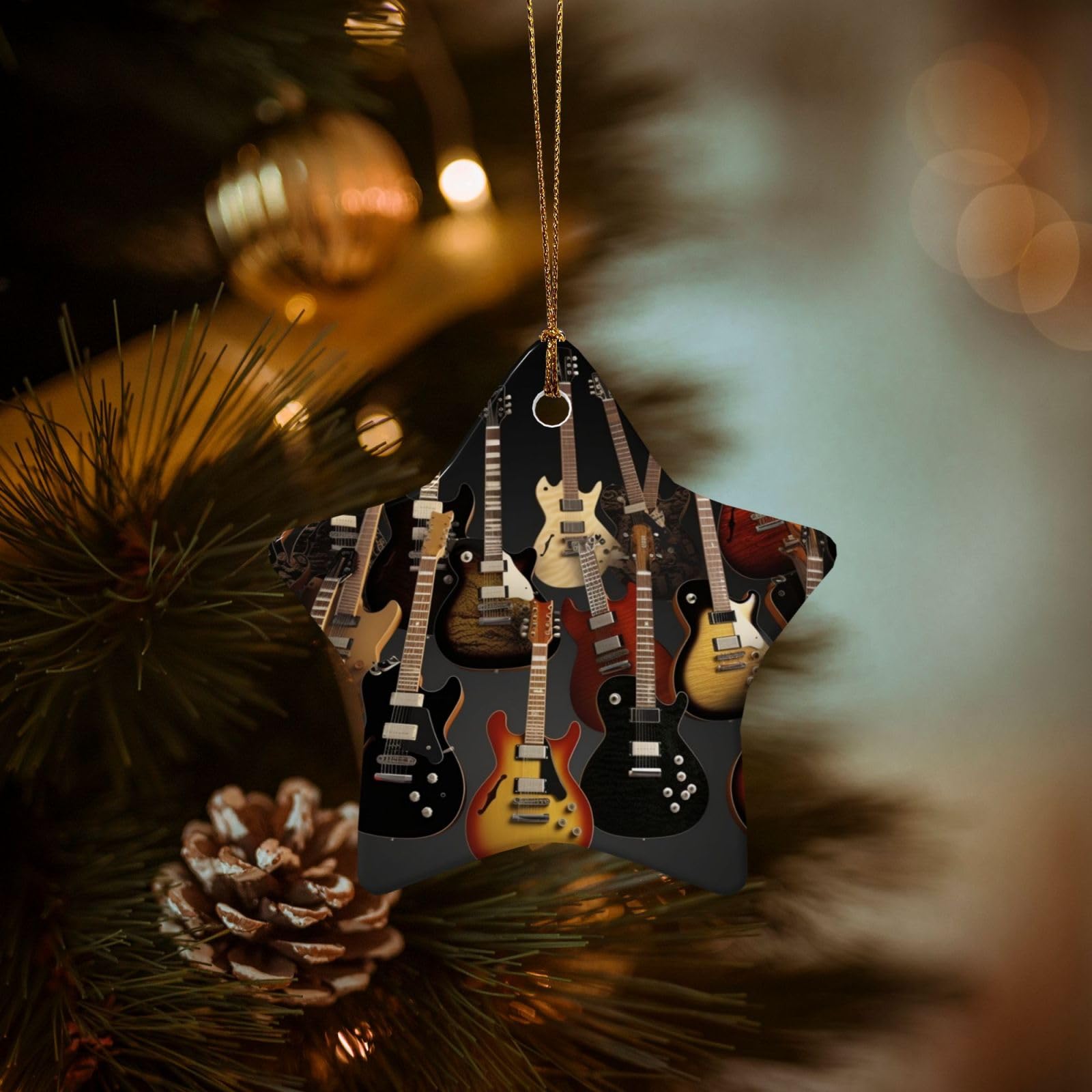 Christmas Ornaments for Christmas Tree Decoration Hanging Guitars Ornament with Gold Ribbon Crafts Star Shape Ceramic Pendant for Keepsake Gifts Xmas Decor Party Supplies