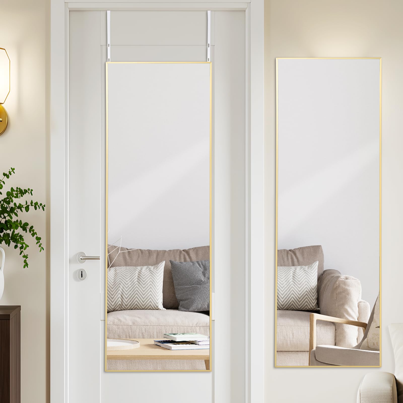 LunaMirror 127x41 CM Over The Door Mirror with Hanger Gold Aluminum Alloy Frame Full Length Hanging Door Mirror Wall Mounted for Bedroom Bathroom Dorm