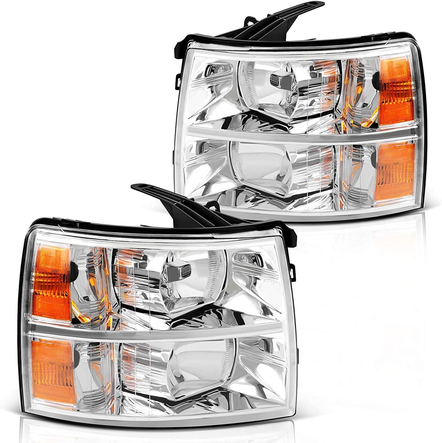 Headlights Assembly for 2007 2008 2009 2010 2011 2012 2013 Chevy Silverado 1500/2007-2014 Silverado 2500HD 3500HD Replacement HeadLamp, Chrome Housing Amber Reflector