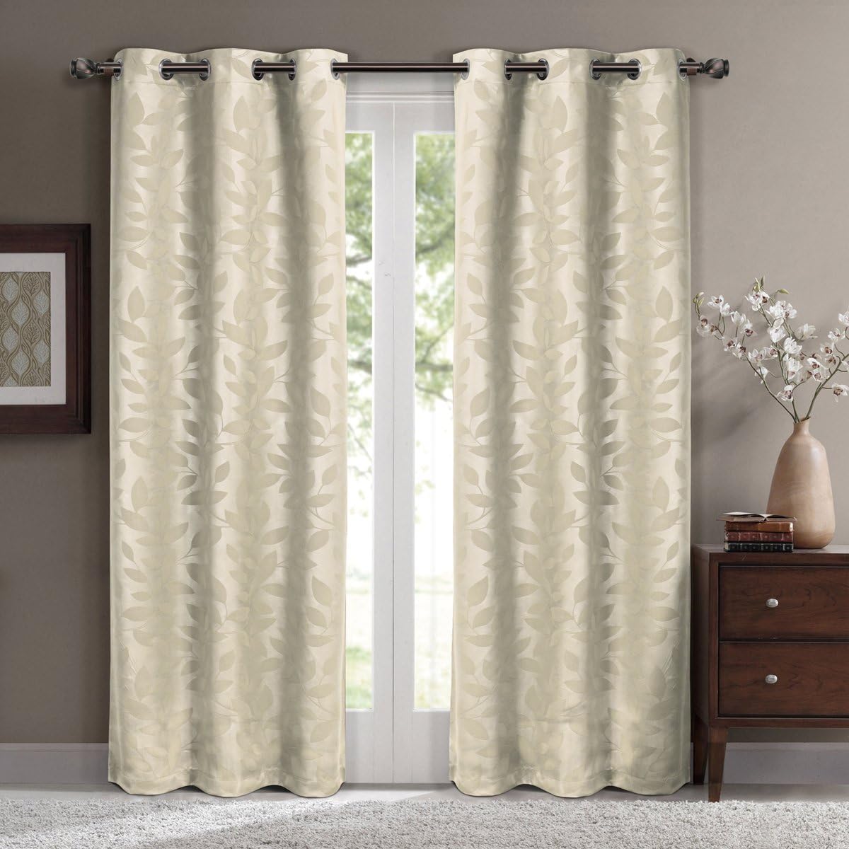 Royal Hotel Bedding Virginia Beige Grommet Blackout Weave Embossed Window Curtain Panels, Pair/Set of 2 Panels, 37x84 inches Each