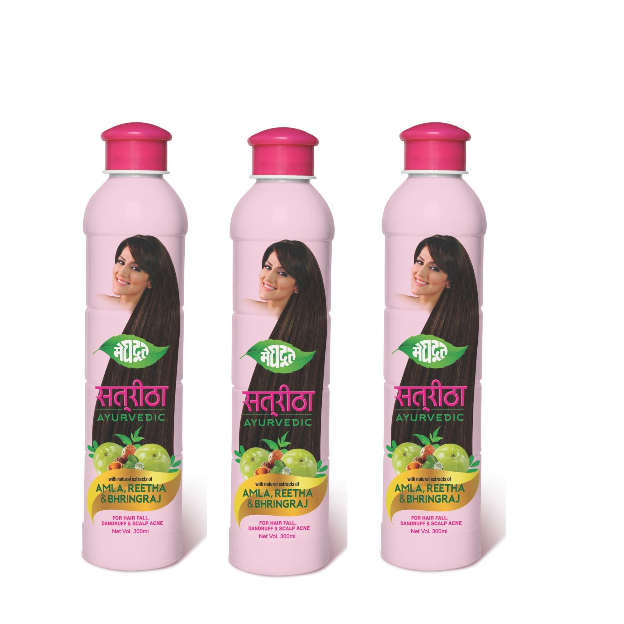 Ayurvedic Satreetha Shampoo Enriched With Natural Extracts of Amla, Reetha & Bhringraj For Hair Fall Control & Scalp Acne, Healthy & Strong Hair, Men & Women, 300ml Each (Pack of 3)