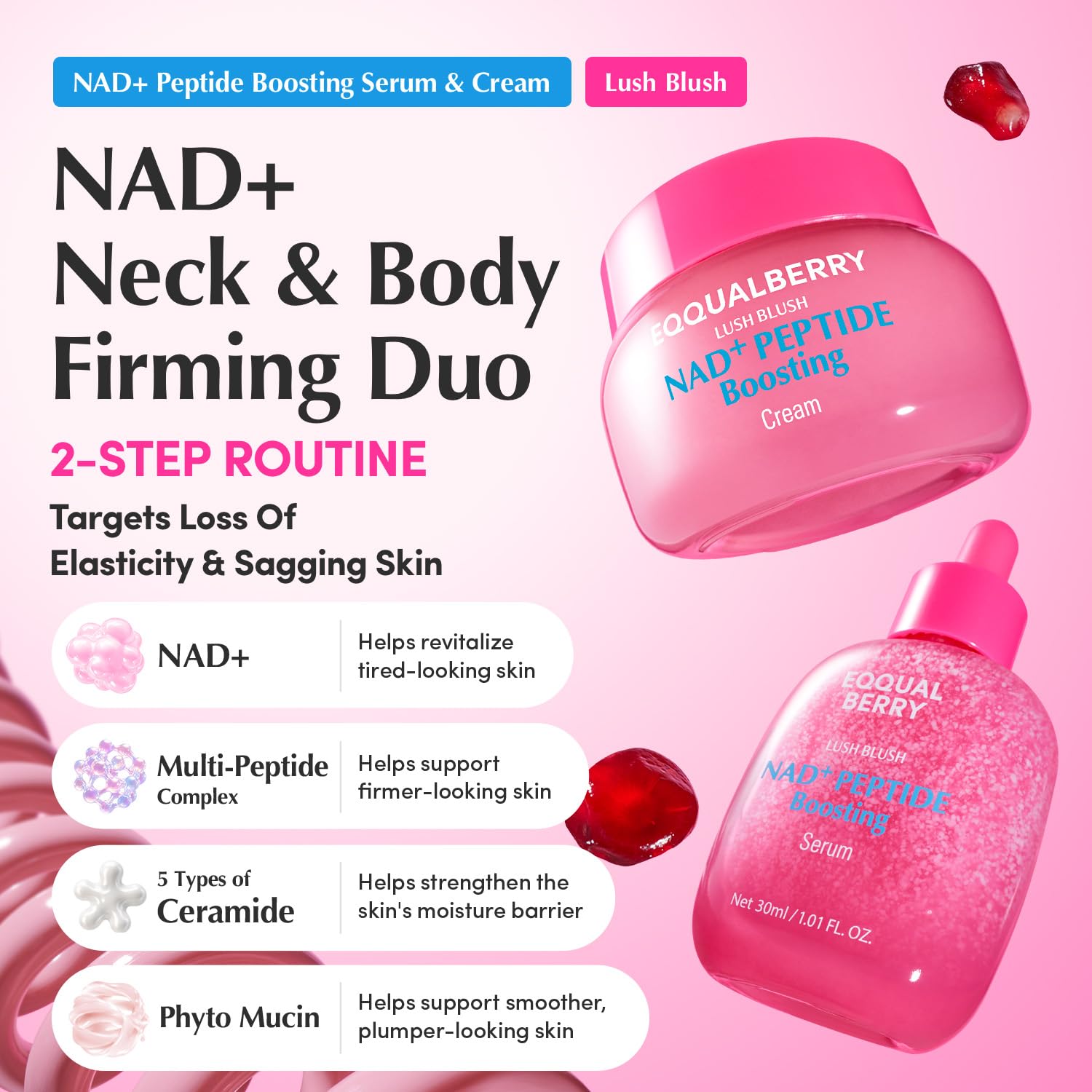 EQQUALBERRY NAD+ Peptide Boosting Serum & Cream Duo | Pink Cream for Anti-Aging, Firming & Lifting, Jawline, Neck, Décolleté | Korean Skin Care