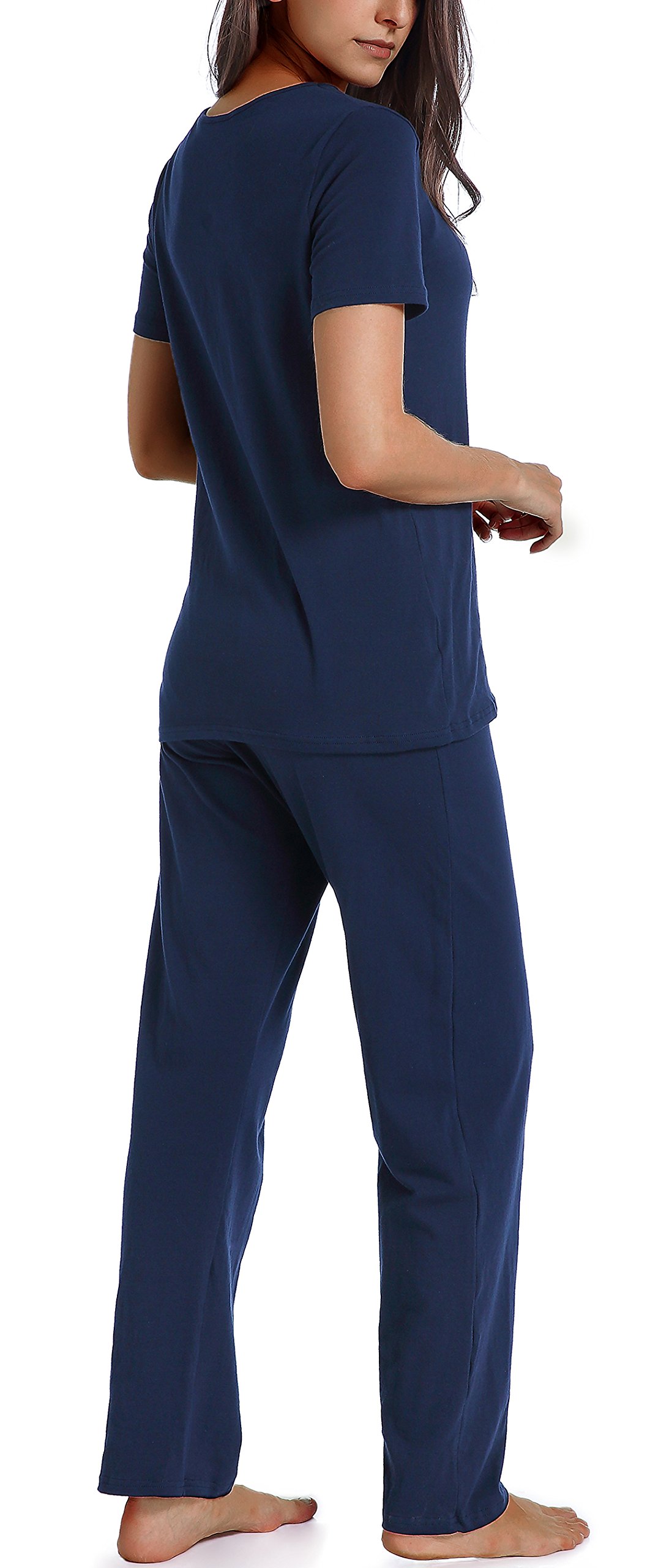 Pijama de algodón para mujer, conjunto de pijama de dos piezas de manga corta con cuello en V y pantalones largos