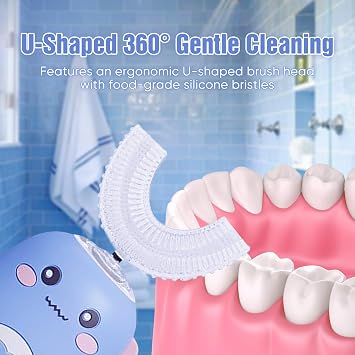 Kids Electric Toothbrush, 360° Kids Ultrasonic Toothbrush with 2 U Shaped Silicone Brush Heads, Smart Timer & 2-Speed Adjustment, Dinosaur Toothbrush for Children 2-12 Year (Blue 2-6 yrs)
