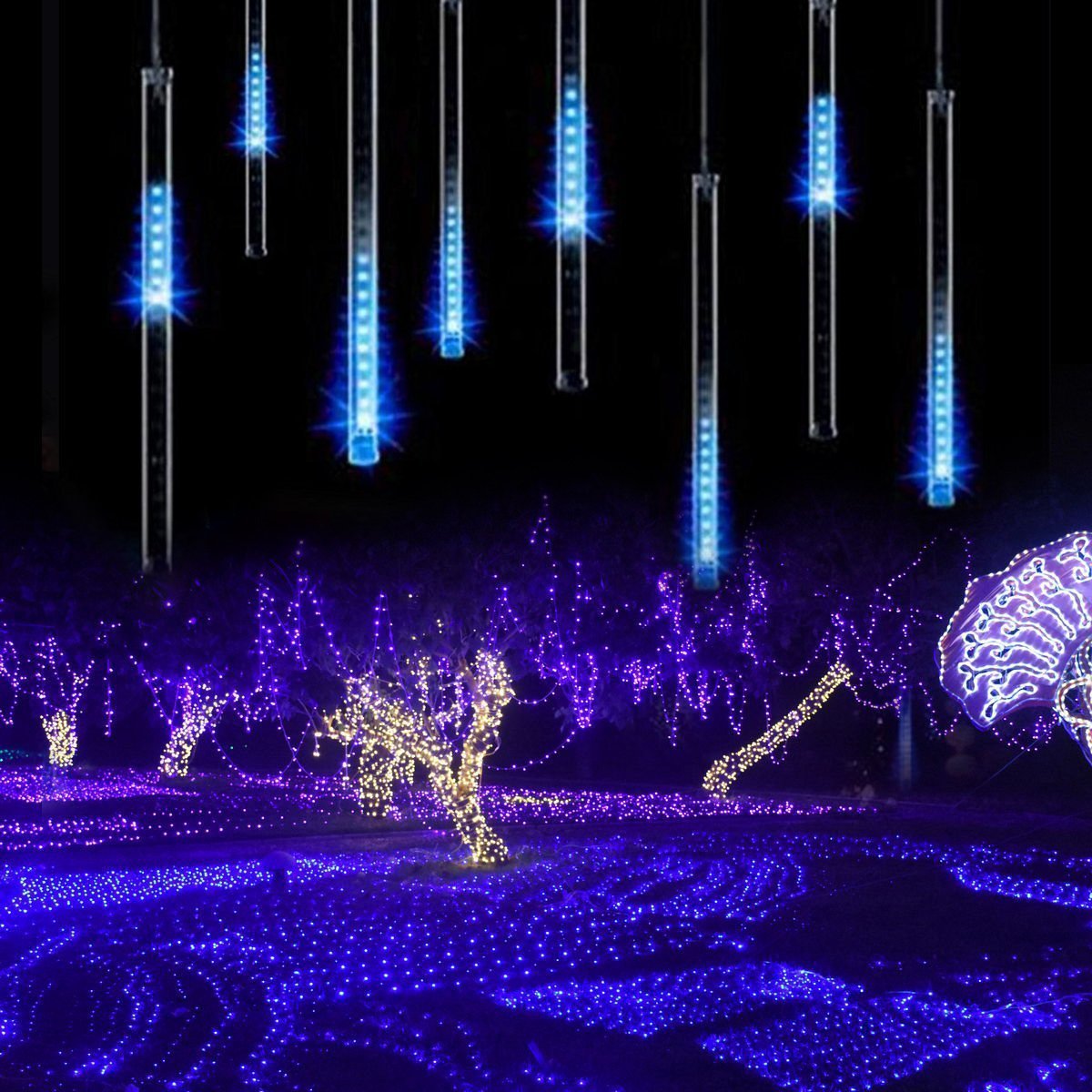 360LED Meteoritenschauer Lichterketten Garten,KINGCOO Wasserdicht 30cm 10 Tubes Fallende Regentropfen Solarleuchten Dekorative Lichtschläuche für Außen Party Hochzeit Weihnachtsbaum(Blau)