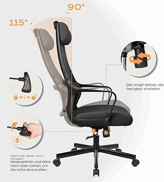 MELOKEA Desk chair: Ergonomic Office Chair Swivel Chair Rocker Function Has Adjustable Lumbar Support Headrest Armrest Height Adjustment High Back Friendly Executive Chair 150 kg Black