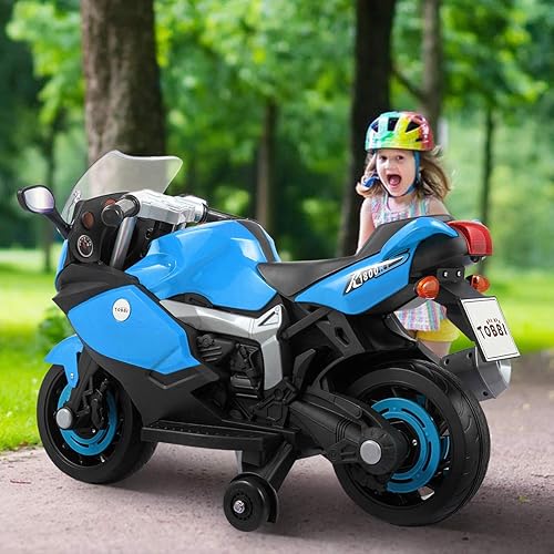 Miniatura 4 de JAXPETY Motocicleta de paseo para niños de 6 V con rueda de entrenamiento, motocicleta eléctrica a batería para niños de 3 a 8 años, incluye faros