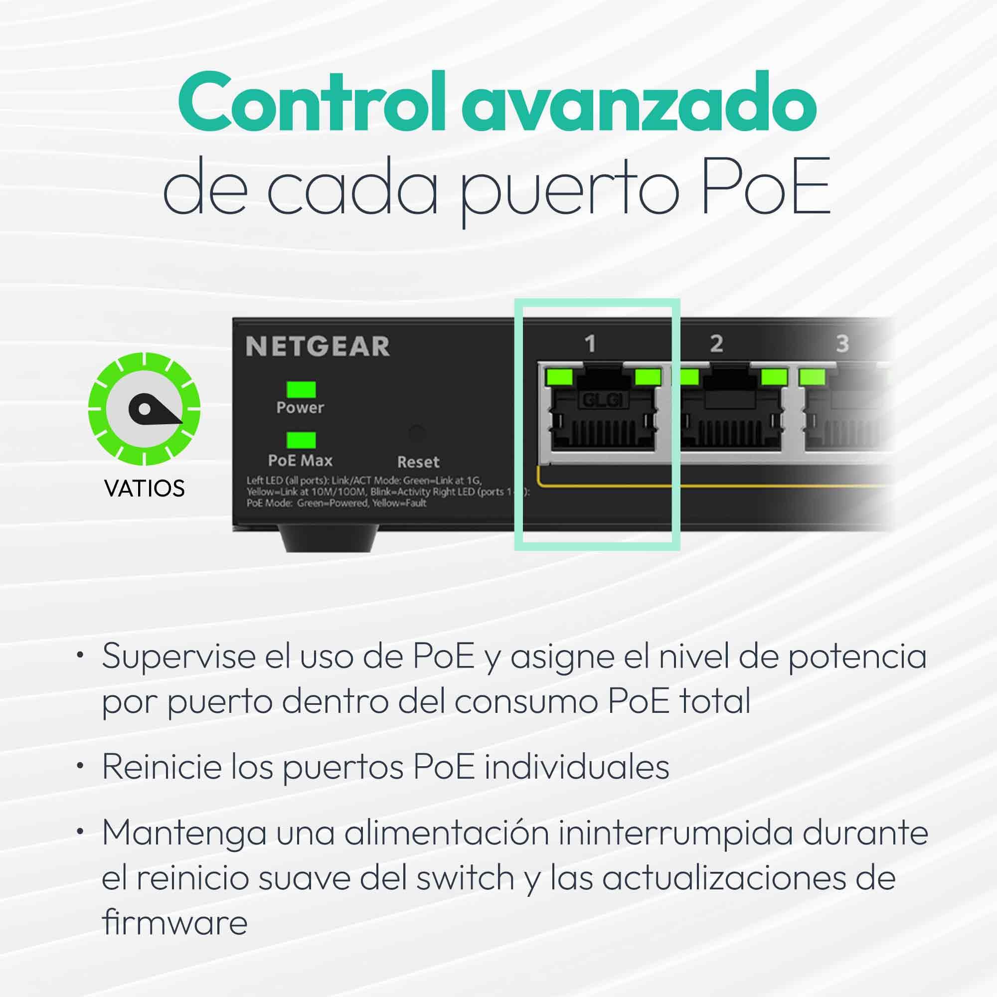 NETGEAR Switch gestionable Easy Smart de 8 Puertos Gigabit Ethernet PoE+ con 8 Puertos PoE+ de 123 W, sin Ventilador y con Opciones de Montaje de sobremesa o en Pared (GS108EPP)