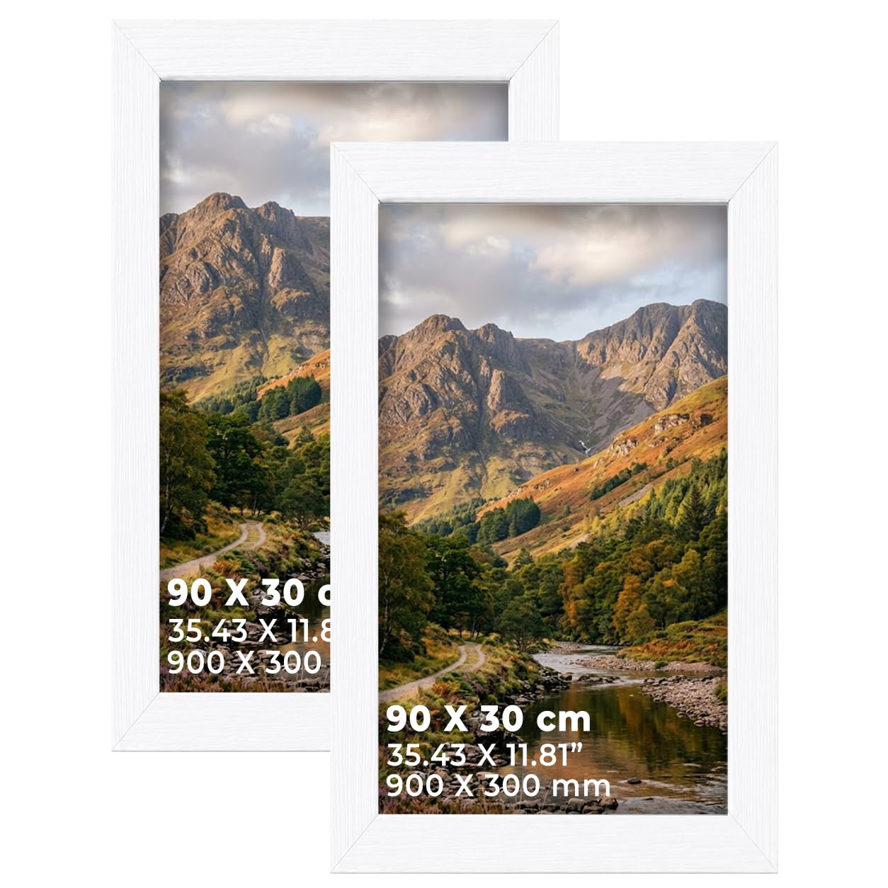 DECORO White 30x90 CM PANAROMIC Pack of 2 Picture Frame with Plexiglass Front & Engineered Wood Construction, Wall Hanging Display for Photos, Posters, Prints & Artwork, Portrait or Landscape